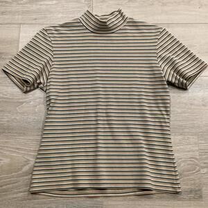 mock neck short sleeve shirt striped in tan, teal, and white 90s/y2k